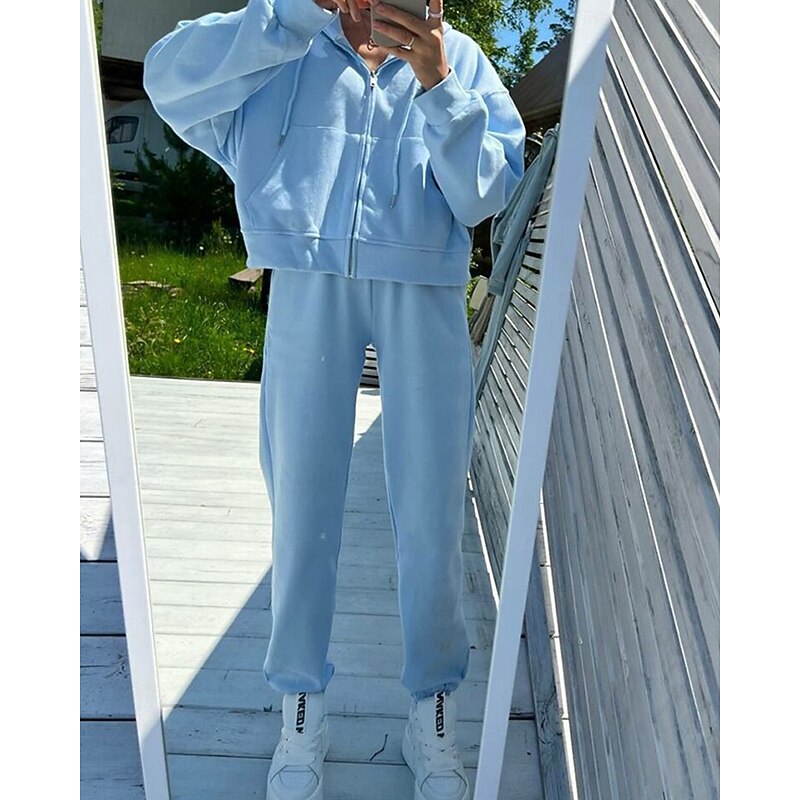 Women's Active Fashion Blouse Hoodie Pants Sets Long Sleeve Hooded Solid Color Zipper Vacation Holiday Black Pink Army Green Fall Regular Fit2