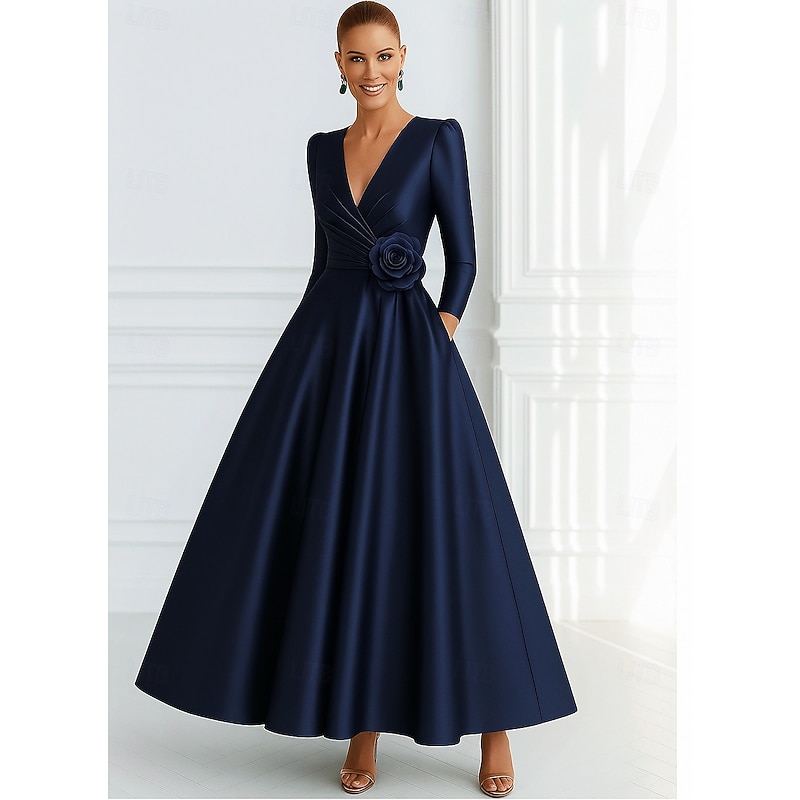 Blue Black A-Line Evening Gown Elegant Dress Formal Wedding Floor Length 3/4 Length Sleeve V Neck Pocket Satin with Pocket 2025