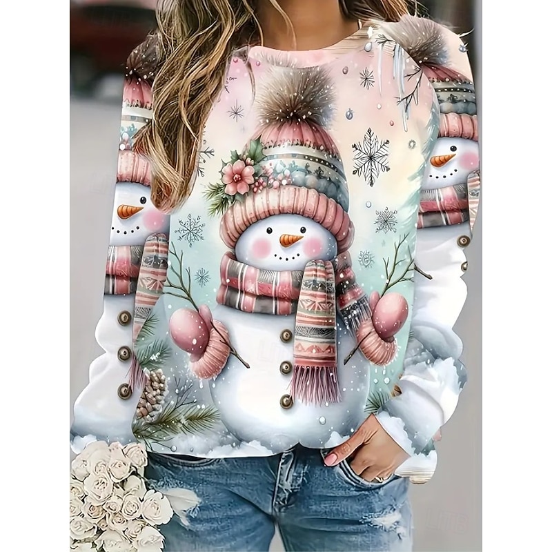 Women's Pullover Graphic Snowman Christmas Tree Casual Long Sleeve Crew Neck Regular Tops Casual Holiday Pink Brown Spring Fall Winter