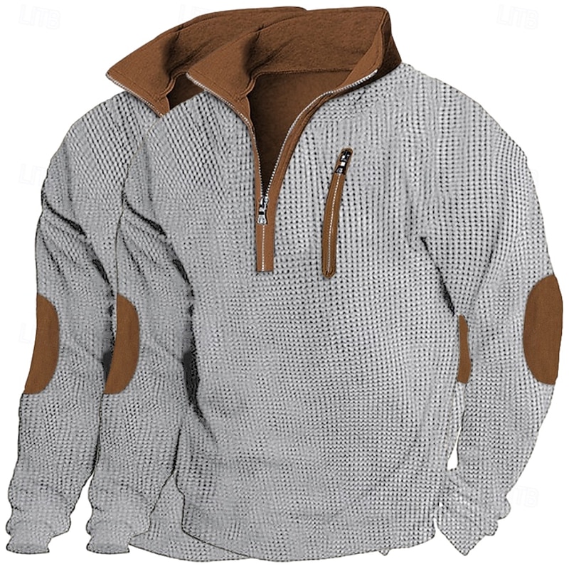 2 Piece Men's T Shirt Waffle Knit Tee Tee Top Long Sleeve Shirt Long Sleeve Quarter Zip Winter Spring & Fall Color Block Textured Fashion Designer Basic Patchwork Zipper Vacation Street Casual4