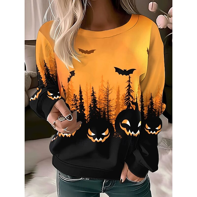 Women's Pullover Graphic Pumpkin Casual Long Sleeve Crew Neck Round Neck Regular Tops Street Casual Holiday Print Pink Blue Orange Green Spring Fall Winter