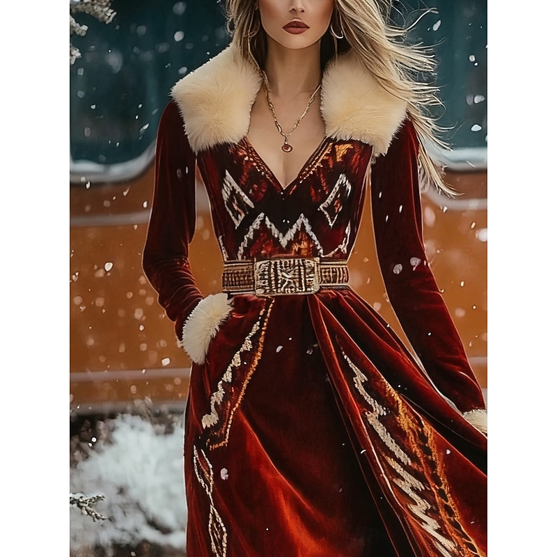 Women's Maxi Dress A Line Dress Casual Daily Regular Fit Ethnic Long Sleeve V Neck Wine Fall Winter2