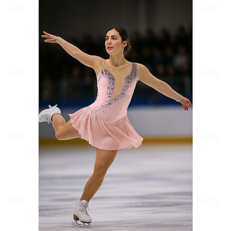 Figure Skating Dress Women's Girls' Ice Skating Dress Pink Patchwork Thumbhole Mesh Spandex High Elasticity Training Competition Skating Wear Classic Crystal / Rhinestone Long Sleeve Ice Skating