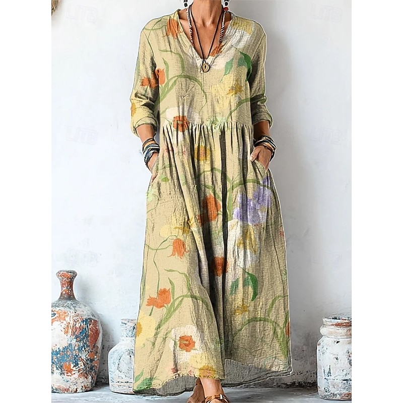 Women's Maxi Dress A Line Dress Vacation Casual Boho Going out Beach Loose Fit Floral Graphic Long Sleeve V Neck Light Yellow Light Pink Pink Purple Summer Spring Fall3