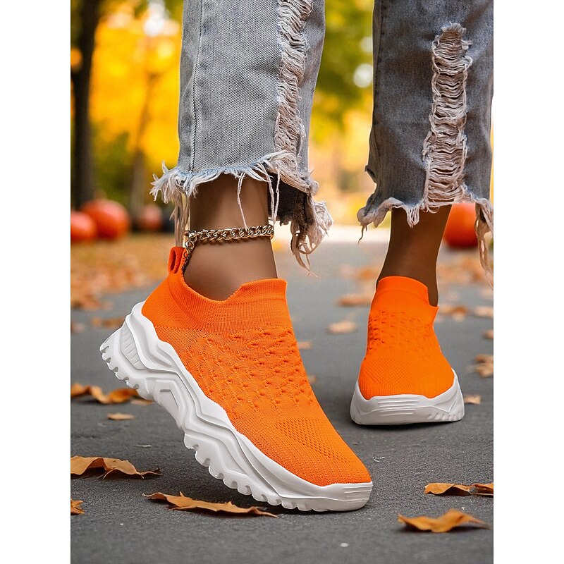 Women's Orange Slip-On Flyknit Sneakers – Breathable Mesh Lightweight Walking Shoes with Chunky Sole for Casual and Sport3