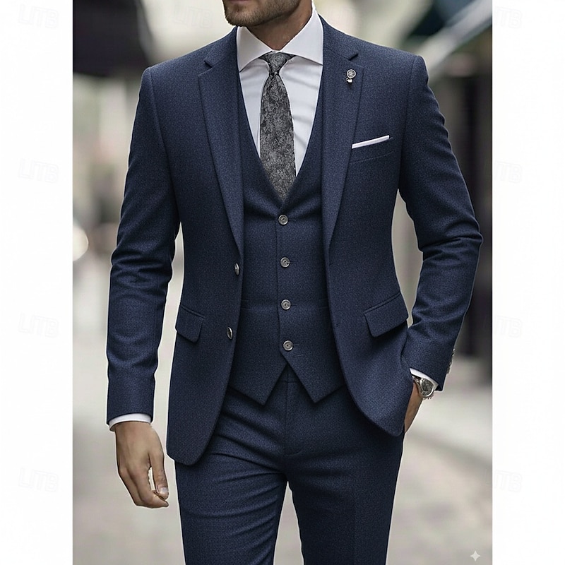 Men's Business Casual Tweed Suits Notch Lapel Black Light Grey Daily Formal Solid Colored Tailored Fit 3 Piece Single Breasted Two-buttons