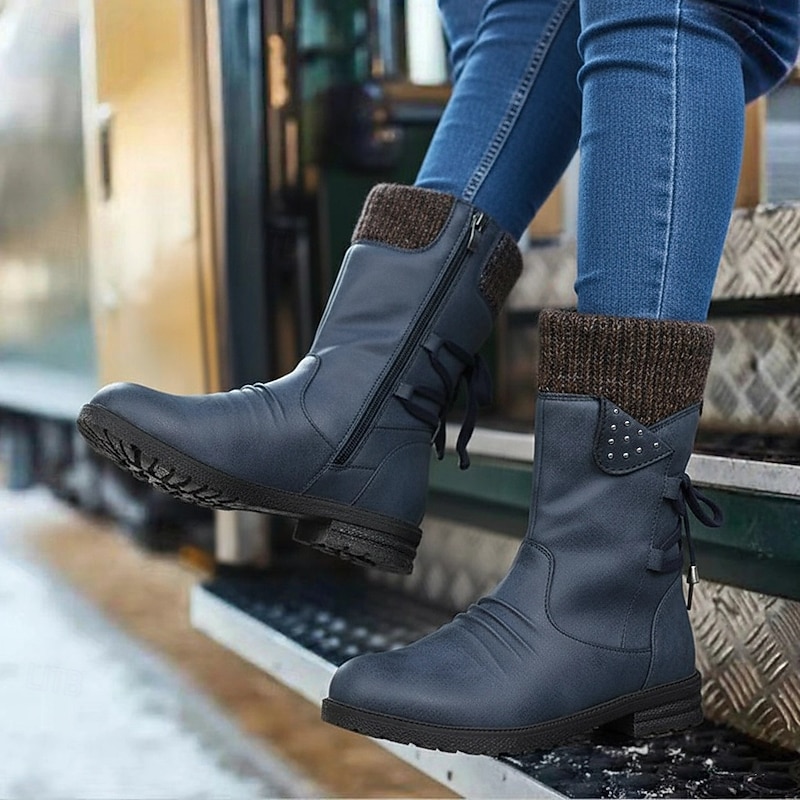 Women's Gray Suede Mid-Calf Boots with Knit Cuffs and Lace-Up Detail - Stylish Winter Boots with Side Zipper and Rugged Sole4