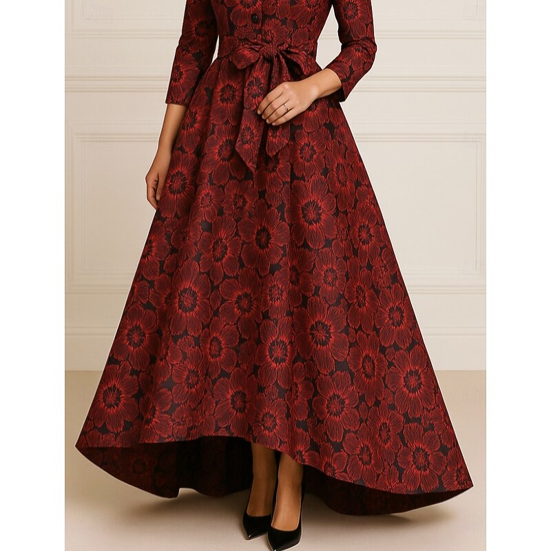 Red A-Line Evening Gown Elegant Formal Dress Formal Wedding Asymmetrical Short Sleeve Shirt Collar Pocket Nylon with Floral Print 20254