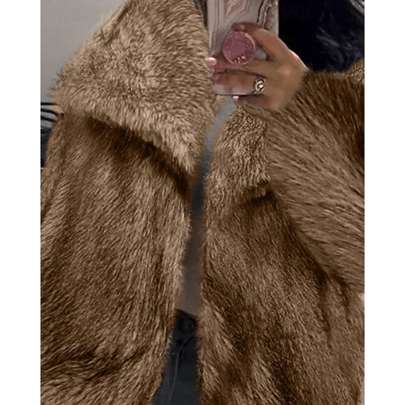 Women's Faux Fur Coat Warm Comfortable Furs & Leathers Casual Plain Street Holiday Going out Weekend Regular Turndown Regular Fit Long Sleeve Outerwear Camel Fall Winter2