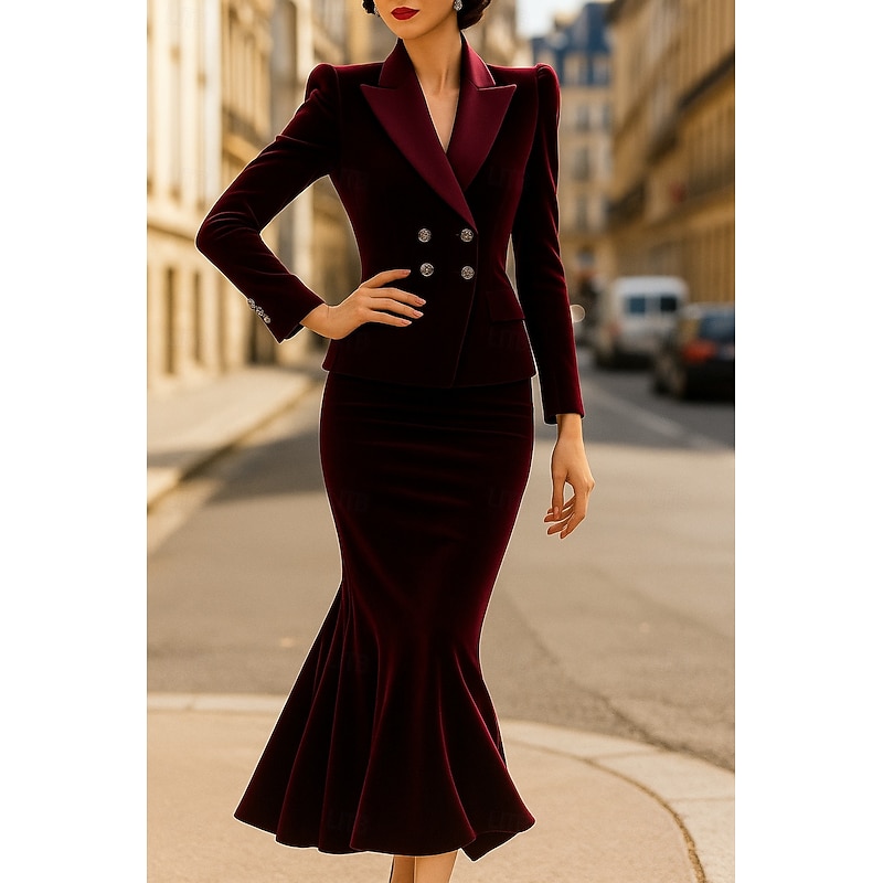 2 Pieces Tuxedo Dress Sets Mermaid / Trumpet Formal Wedding Guest Velvet Elegant Simple Long Sleeve Ankle Length Peak Lapel