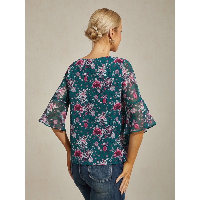 Women's Green Floral Print Sheer Flowy Chiffon Blouse Flared Sleeve2