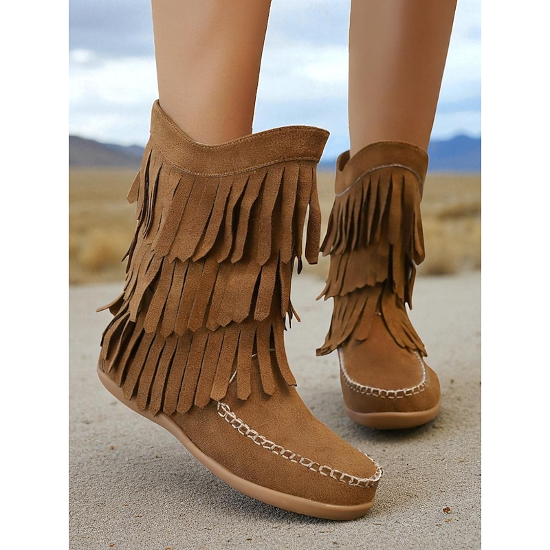 Women's Fringe Moccasin Mid-Calf Boots with Stitched Detail, Casual Western Style for Outdoor and Festival Wear3
