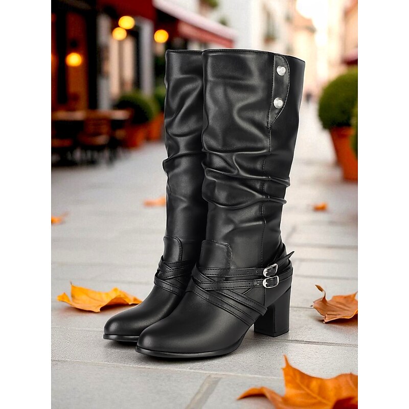 Women's Black Mid-Calf Slouchy Boots with Buckle Straps, Stylish and Versatile for Casual, Fall & Winter Wear.4