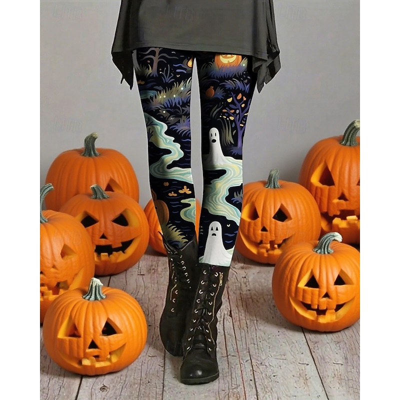 Women's Leggings Cozy Leggings Basic Casual Full Length High WaistPantsHalloween Pumpkin Printing Thermal Warm Comfortable Stretchy Vacation Casual Daily Violet Fall Winter Slim Fit