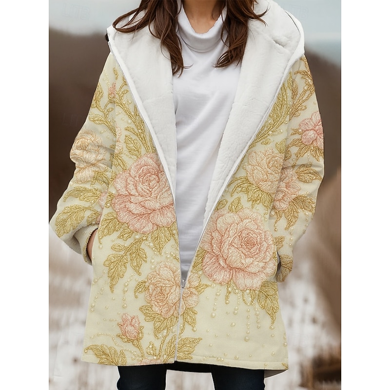 Women's Winter Coat Winter Jacket Windproof Warm Zipper Pocket Fleece Lined Casual Floral Outdoor Vacation Home Casual Long Hooded Regular Fit Long Sleeve Outerwear Light Blue Yellow Pink Winter