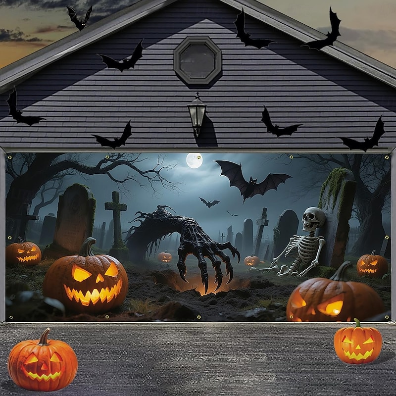 Halloween Garage Door Cover Halloween Store Pumpkin Skull Bat Cross Tomb Banner Haunted House Horror Scene Spooky Backdrop Tapestry for Outdoor Wall Fence Yard Decor4