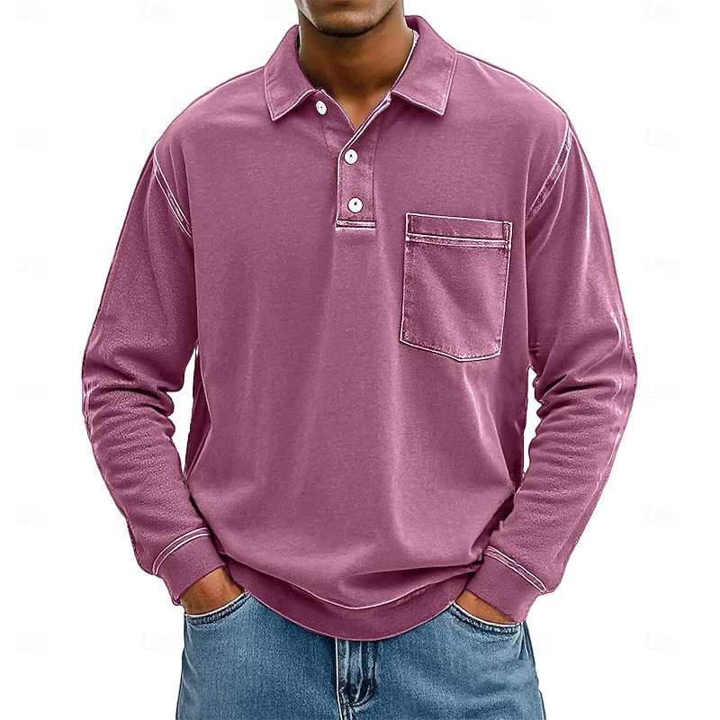 Men's Polo Shirts Golf Polos Shirts Street Business Classic Long Sleeve Vintage Basic Solid Color Plain Pocket Fall Winter Cross-Seasons Regular Fit Pink Dark Blue Green Light Blue Purple Khaki Polo4