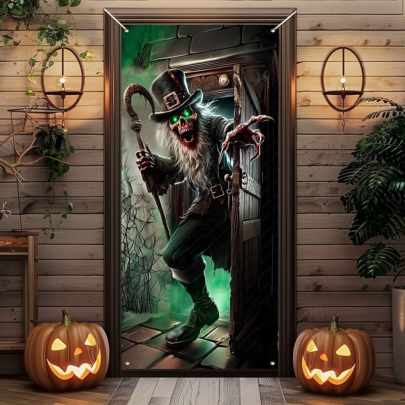 Halloween Door Covers Creepy Skull with Scythe Emerging from Broken Old Door and Dead Trees Tapestry Curtain, Haunted Horror Backdrop Banner for Front Door Indoor Outdoor Decor2
