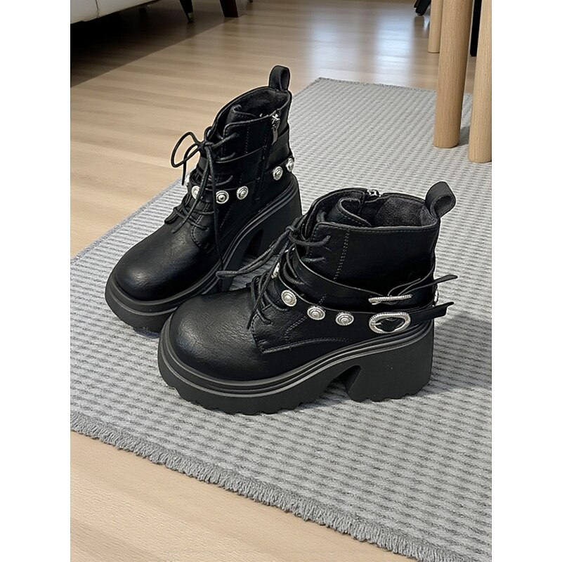 Women's Black Platform Biker Boots with Lace Up and Side Zipper - Chunky Sole Fashion Ankle Boots for Casual Streetwear and Fall Outfits - Main Image