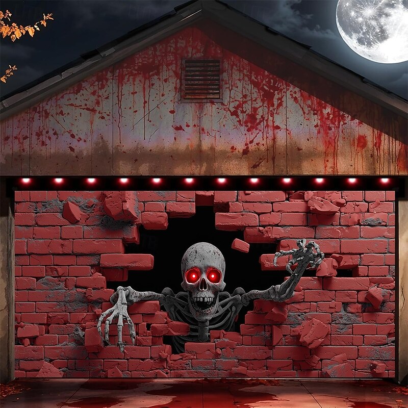Halloween Garage Door Cover 3D Hole Effect Skeleton with Glowing Red Eyes Banner Haunted House Horror Scene Spooky Backdrop Tapestry for Outdoor Wall Fence Yard Halloween Party Decoration