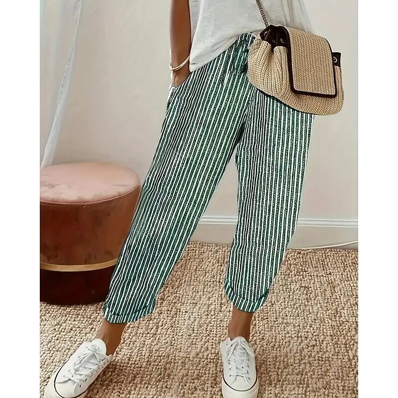 Women's Wide Leg Pants Trousers Fashion Streetwear Full Length Mid Waist Striped Pocket Elastic Waist Print Comfy Breathability Outdoor Dailywear Daily Black Pink Blue Green Spring Fall Regular Fit2