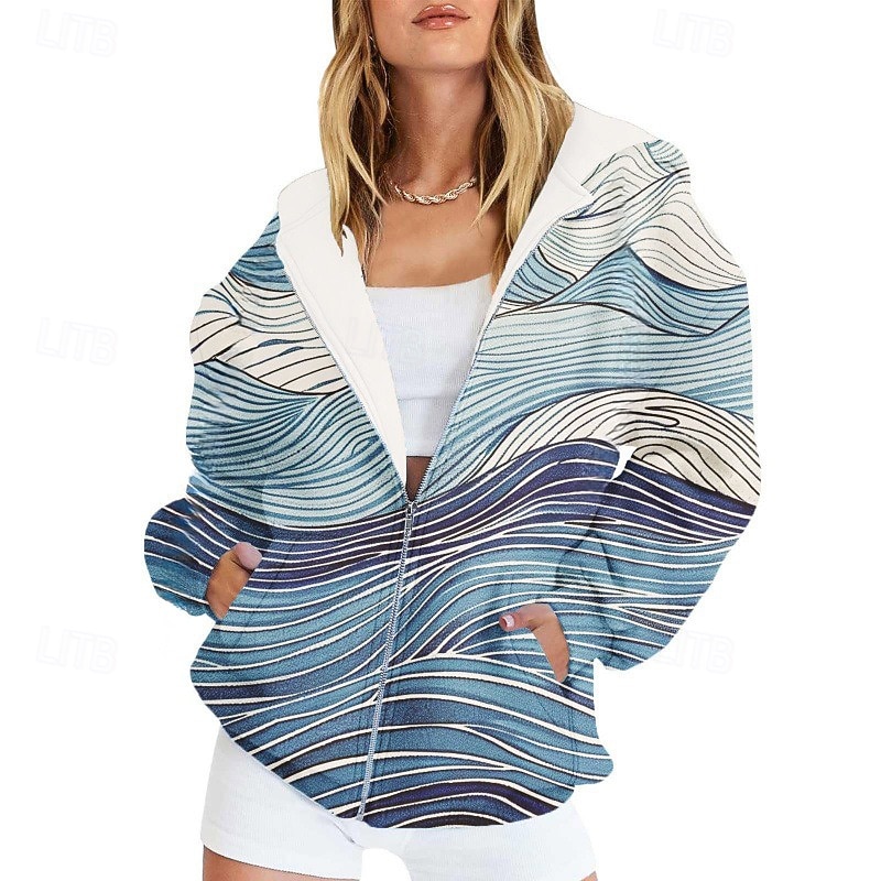 Women's Casual Jacket Comfortable Pocket Print Sports Fashion Outdoor Flower Casual Daily Weekend Zipper Regular Hooded Regular Fit Long Sleeve Outerwear Blue Sky Blue Orange Spring Fall3