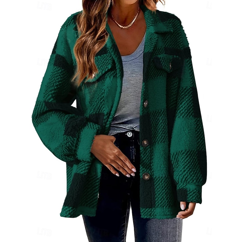 Women's Sherpa Jacket Casual Jacket Comfortable Breathable Pocket Buttons Print Casual Plaid Vacation Street Casual Daily Wear Single Breasted Regular Turndown Regular Fit Long Sleeve Outerwear Black