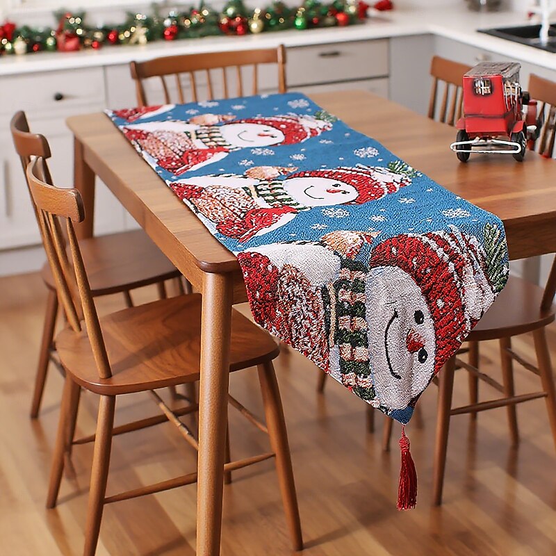 Mingguan New 180cm Knitted Tassel Cartoon Table Runner, Christmas Santa Claus & Snowman Tablecloth, Dining Table Decoration and Heat Insulation Mat3