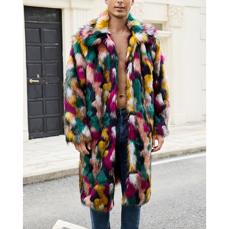 Men's Casual Jacket Faux Fur Coat Vacation Daily Thermal Warm Plush Fall Winter Rainbow Fashion Streetwear Lapel Long Rainbow Jacket2