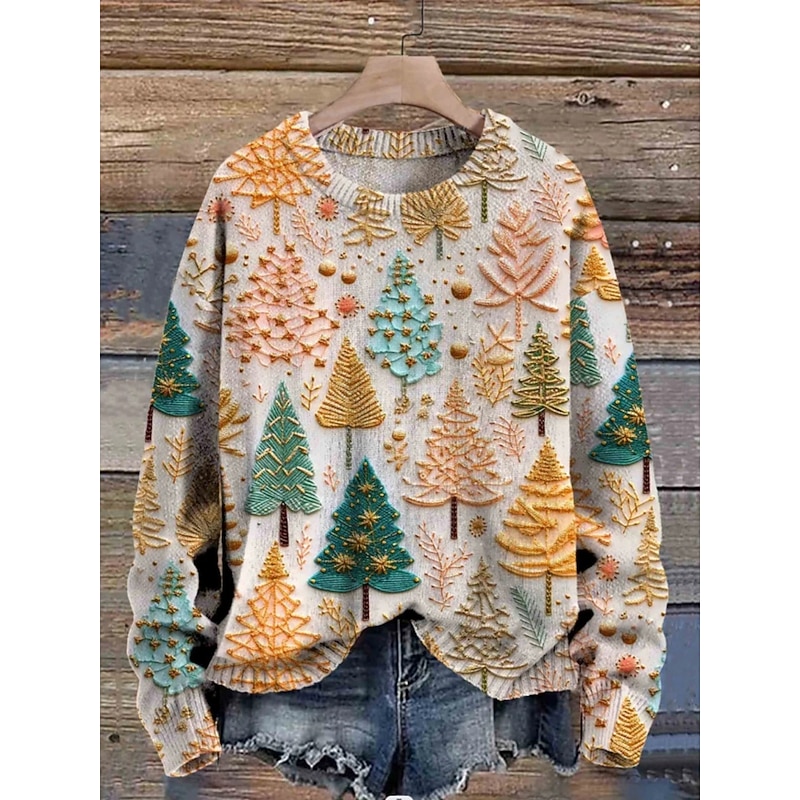 Women's Sweater Casual Soft Snowflakes Ribbed Crew Neck Knitted Print Long Sleeve Regular Tops Knit Christmas Outdoor Daily Yellow Wine Fall Winter3