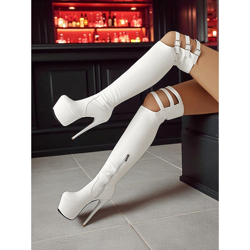 Women's White Platform Thigh High Boots with Buckle Straps - Sexy Stiletto Heels for Nightlife, Clubwear & Party Outfits