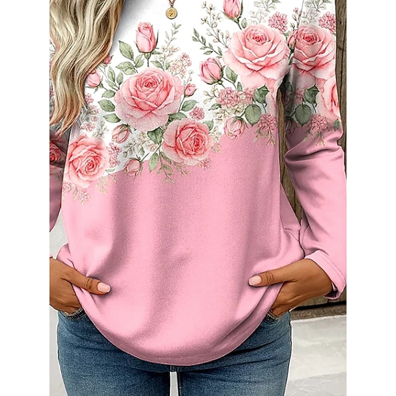 Women's T Shirt Floral Graphic Plants Vintage Stylish Classic Long Sleeve Crew Neck Round Neck Regular Tops Daily Print Pink Spring Fall Winter3