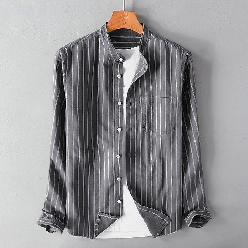 Men's Cotton Linen Shirt Chinese Collar Shirt Mandarin Collar Shirt Summer Shirt Beach Shirt Striped Shirts Striped Vacation Street Black White Gray Long Sleeve Stand Collar Spring &  Fall Clothing