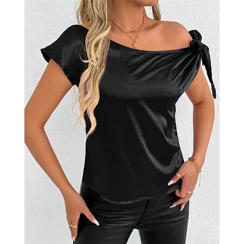 Women's Shirt Elegant Dressy Satin Solid Color Stylish Casual Short Sleeve Cold Shoulder Regular Tops Daily Going out Bow Black Pink Wine Purple Green Summer Spring4