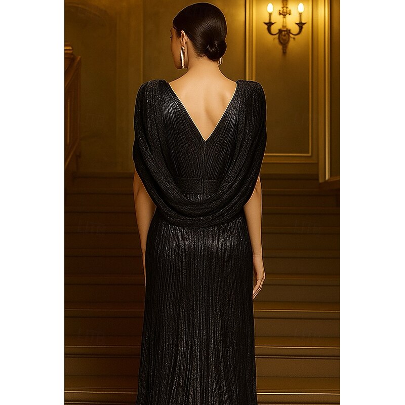 Black Gold A-Line Cocktail Dresses Elegant Formal Dress Formal Wedding Floor Length Short Sleeve V Neck Capes Lurex Fabric with Glitter Pleats 20253