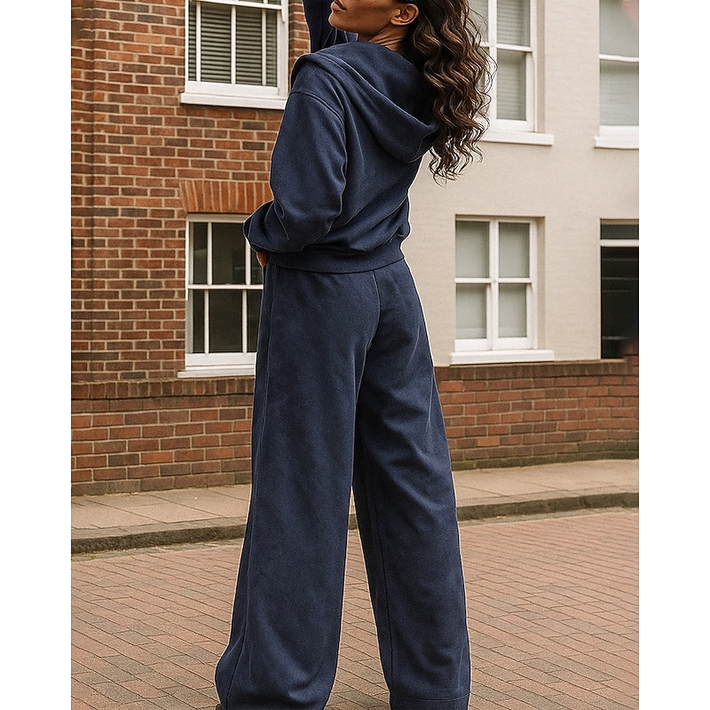 Women's Zip Up Hoodie 2 Piece Tracksuit Sweatsuit Sets Baggy with Pocket Solid Colored Clothing Suit Fall Dark Blue Beige Hiking Vocation Outdoor Lightweight Long Sleeve Sport Activewear Micro-elastic2