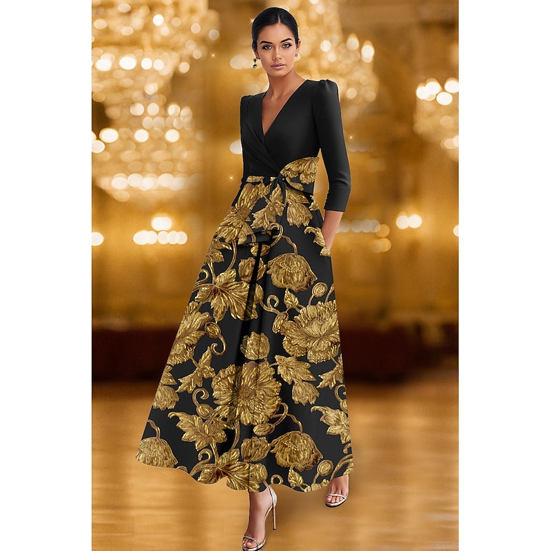 Black and Gold Floral Jacquard A-Line Cocktail Dresses Elegant Formal Dress Formal Wedding Tea Length 3/4 Length Sleeve V Neck Stretch Satin with Bow(s) 2025