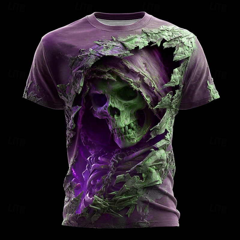 Halloween Men's Optical Illusion Grim Reaper 3D T Shirt Short Sleeve T shirt 3D Print Crew Neck Shirt Exaggerated Designer Horror Party Street Club Blue Purple Orange Summer Spring All Seasons4