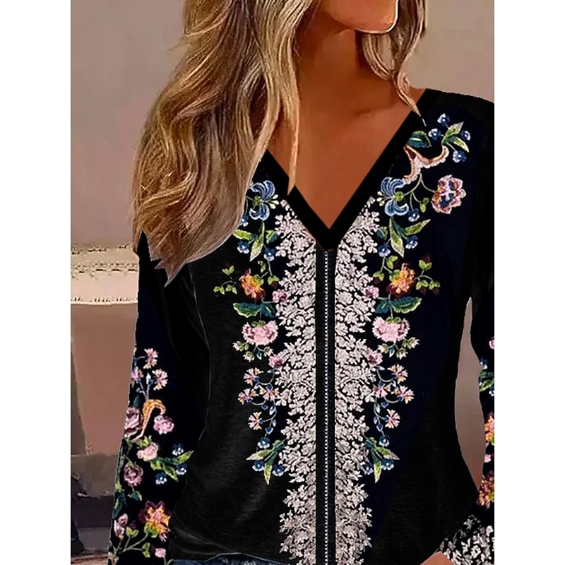 Women's T Shirt Graphic Plants Tribal Vintage Stylish Classic Long Sleeve V Neck Regular Tops Daily Print Black Spring Fall Winter2
