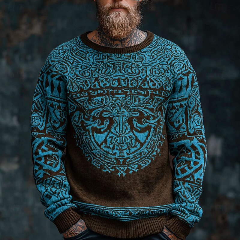 Men's Viking Pullover Sweater Jumper Knitwear Crewneck Retro Vintage Casual Vacation Daily 3D Print Knitting Keep Warm Long Sleeve Spring Fall Winter Red Blue Brown3