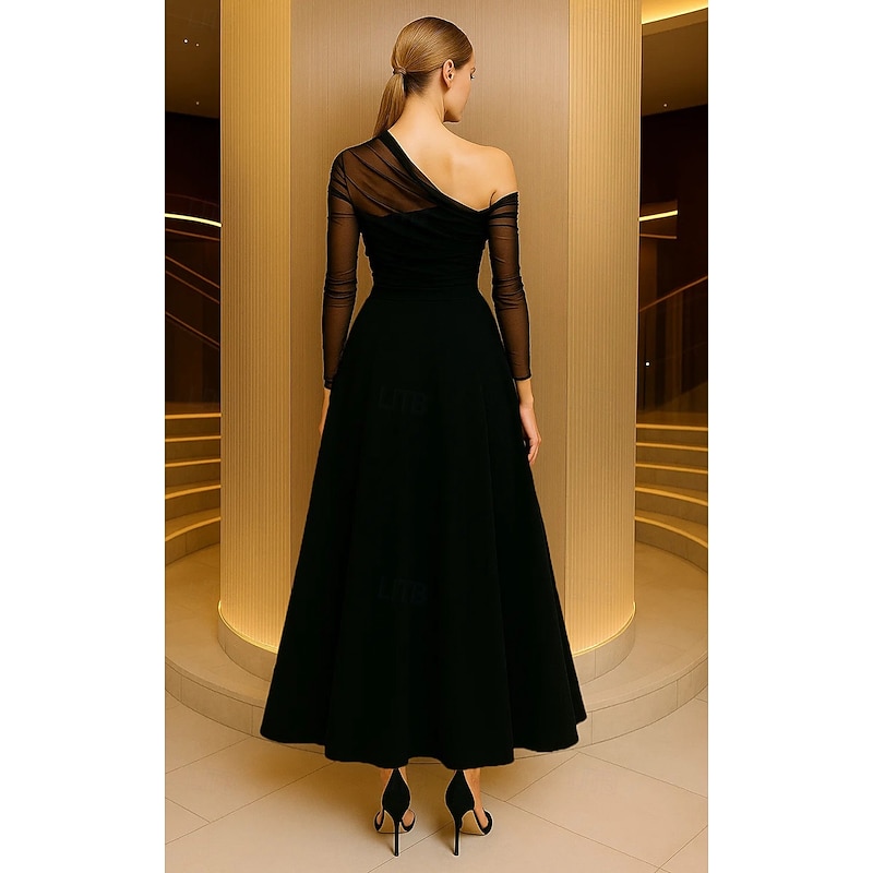 A-Line Evening Gown Elegant Formal Dress Formal Wedding Floor Length Long Sleeve One Shoulder Pocket Satin with Ruched 20252