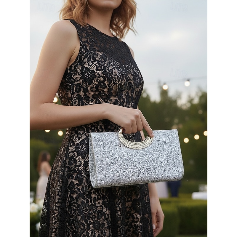 Women's Glitter Silver Gold Evening Clutch Bag with Metallic Ring Handle, Elegant and Stylish Handbag for Parties, Weddings and Formal Event3