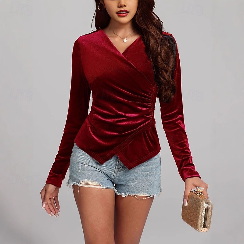 Women's Blouse Plain Stylish Long Sleeve V Neck Regular Tops Daily Holiday Going out Ruched Black Wine Blue Purple Green Spring Fall3