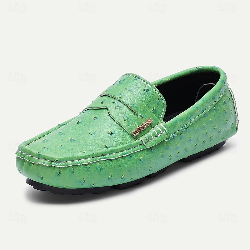 Men's Green Ostrich Print Moccasins – Stylish Faux Ostrich Leather Slip-On Shoes, Comfortable Daily Footwear for Casual Outings and Summer Wear2