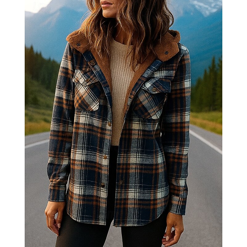 Women's Lounge Coat Fleece Shirt Jacket with Pockets Long Sleeve Top Athleisure Fall Plaid Checkered Windproof Thick Warm Outdoor Travel Vacation Sportswear Activewear Black White Yellow4