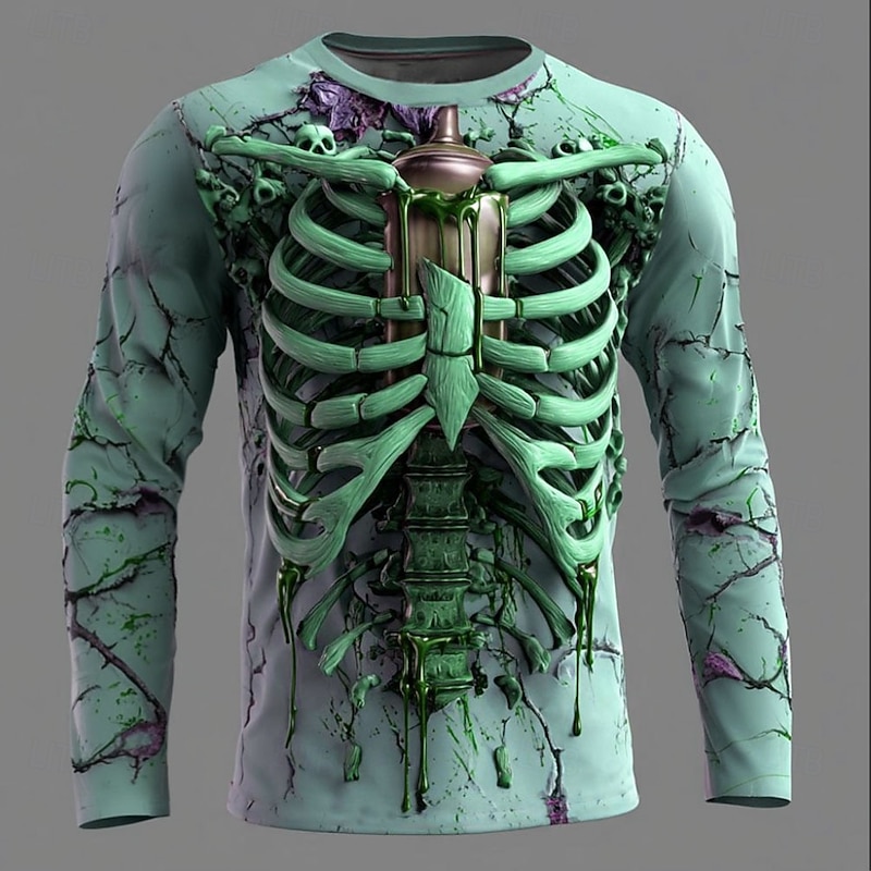 Halloween Men's 3D Skeleton T Shirt Long Sleeve T shirt 3D Print Crew Neck Shirt Fashion Exaggerated Street Casual Daily Red Blue Green Summer Spring Fall Clothing Apparel S M L XL XXL XXXL4