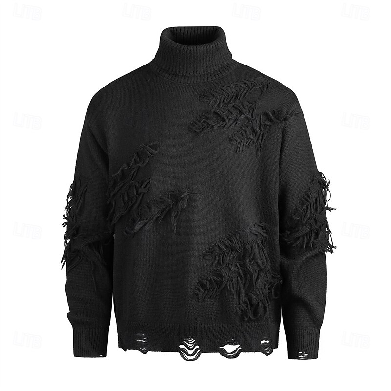 Men's Pullover Sweater Jumper Knit Sweater Ribbed Knit Regular Tops Knitted Ripped Plain Turtleneck Fashion Basic Vacation Daily Wear Clothing Apparel Fall Winter Black Beige M L XL4