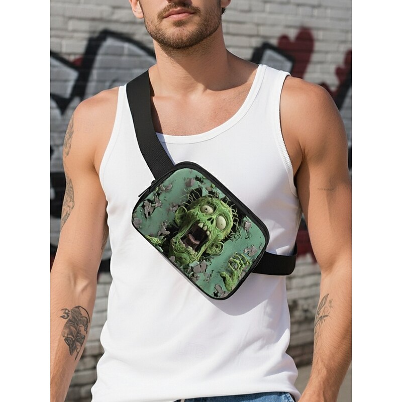 Men's Halloween Zombie Crossbody Chest Bag – Scary 3D Print Sling Pack, Casual Travel Waist Fanny Pack for Party & Streetwear