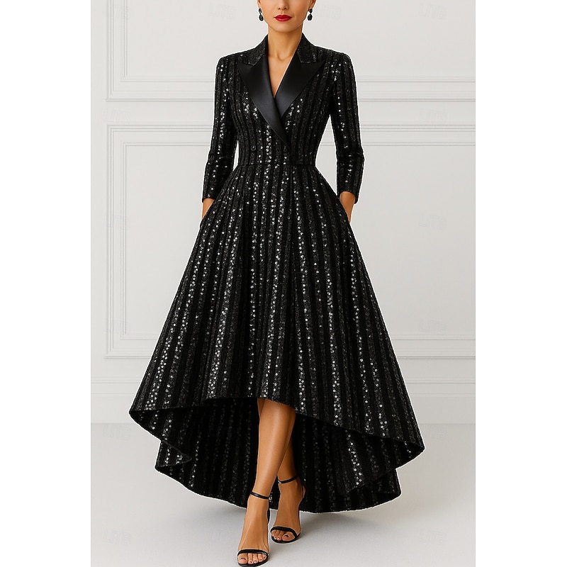 Black Sequin Tuxedo Dress Blazer A-Line Formal Wedding Wedding Guest Satin Elegant Vintage 3/4 Length Sleeve Floor Length Notched Lapels Zipper - Main Image