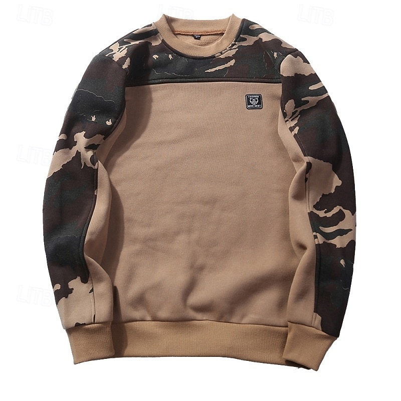 Men's Sweatshirt Pullover Hoodie Sweatshirt Pullover Army Green Khaki Crew Neck Plain Camouflage Patchwork Sports & Outdoor Casual Daily Streetwear Cool Sportswear Spring &  Fall Clothing Apparel